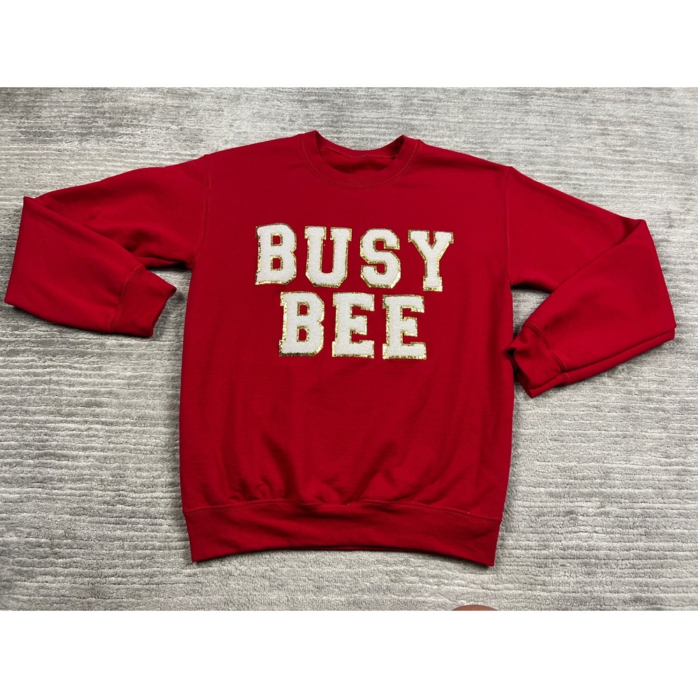 Unbranded Sweatshirt Womens M Red Busy Bee Sequin Chenille Graphic Pullover
